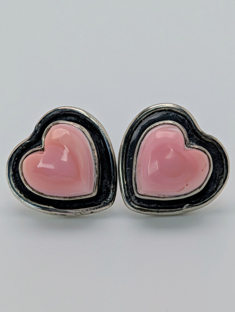 Pink Conch S925 Sterling Silver Heart Gemstone Shadow Box Stud Earrings